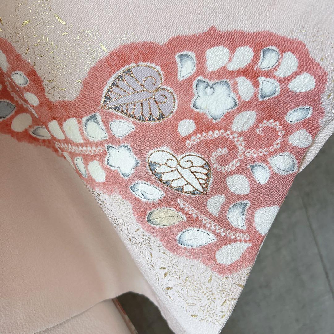 訪問着フルセット　辻が花　着物　正絹　くすみピンク　小さめサイズ