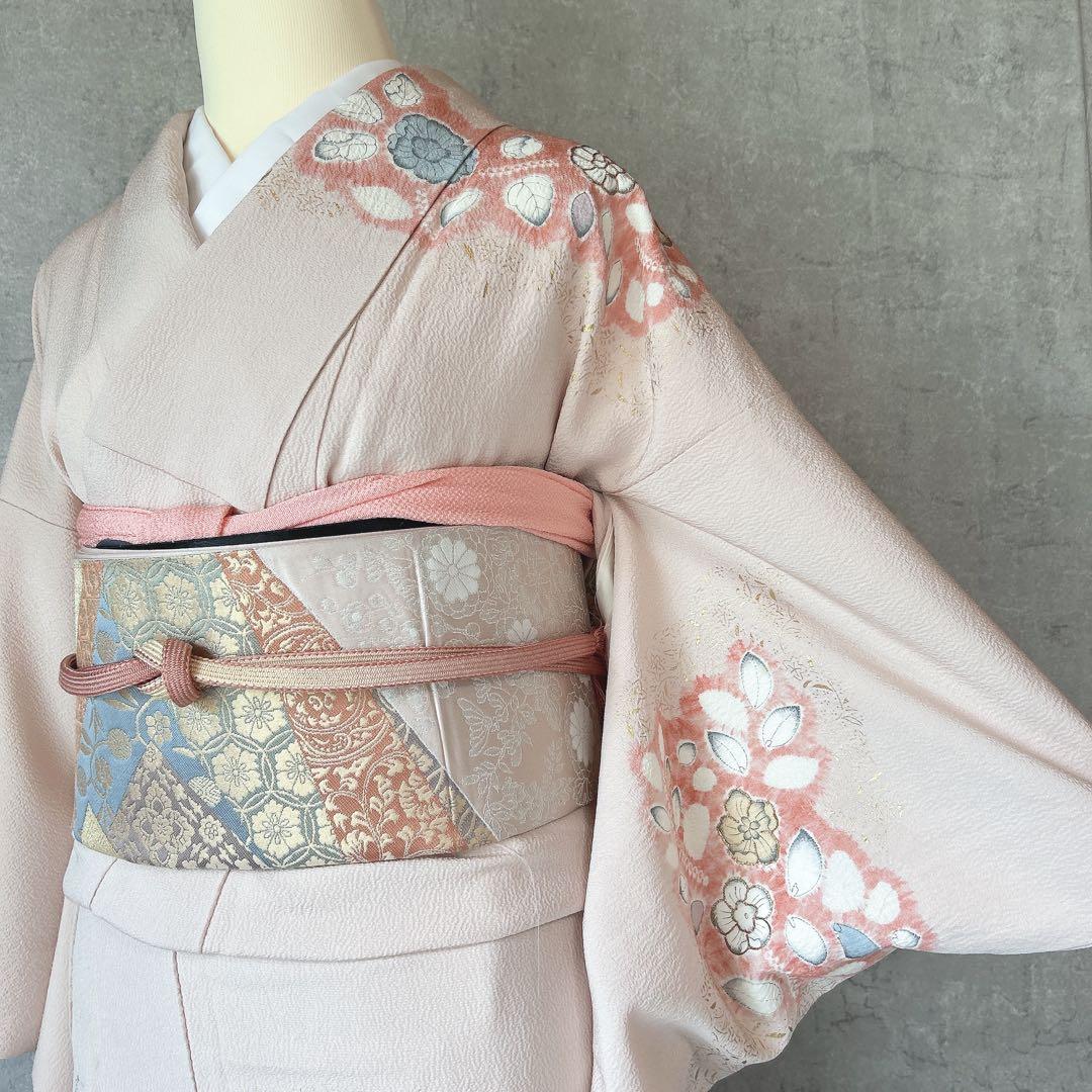 訪問着フルセット　辻が花　着物　正絹　くすみピンク　小さめサイズ