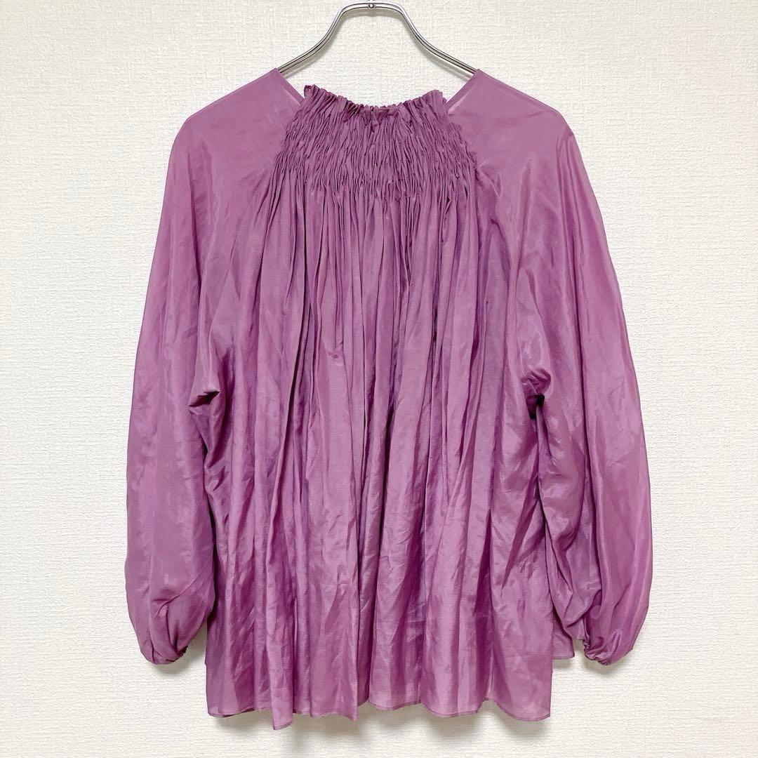 【新品】ハグオーワー　コットンシルクスモッキングリボンブラウス　ピンクラベンダー
