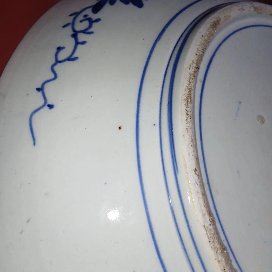 レトロヴィンテージ大皿、サイズ46センチ青い花と鳥の陶器プレート