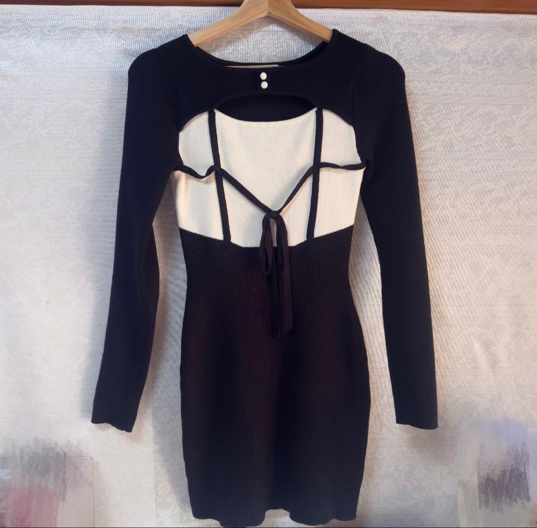 LIP SERVICE デコルテオープンバイカラーリボンニットワンピース 黒
