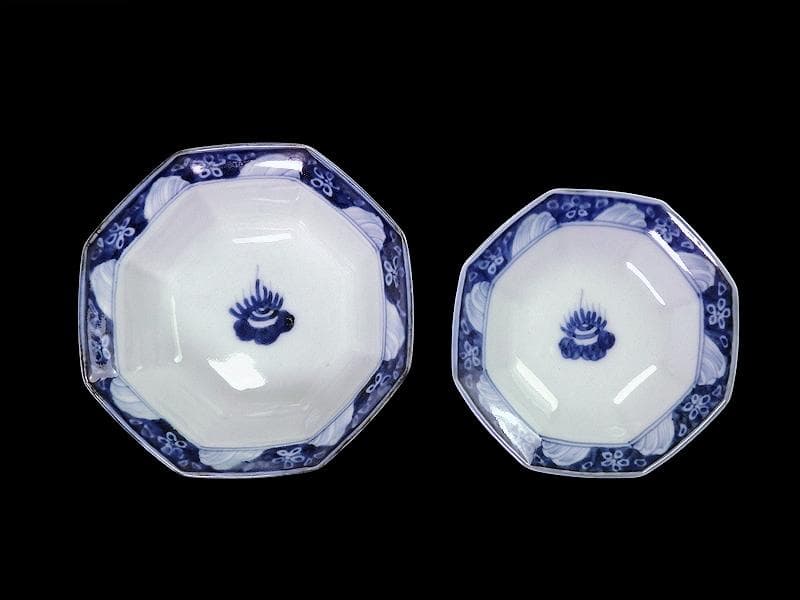 古伊万里　染付　牡丹に福寿の図　八角大振蓋茶碗　N096AS-DBx