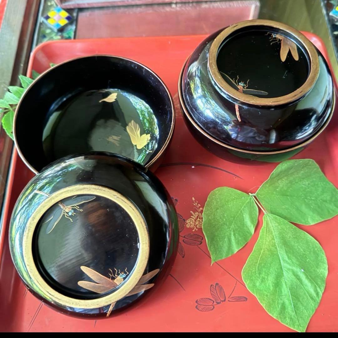 Ｂ様へ感謝お嫁入り‼️レアなかげろふJAPAN螺鈿蒔絵『蜻蛉＆菊＆木蓮上黒持椀4客