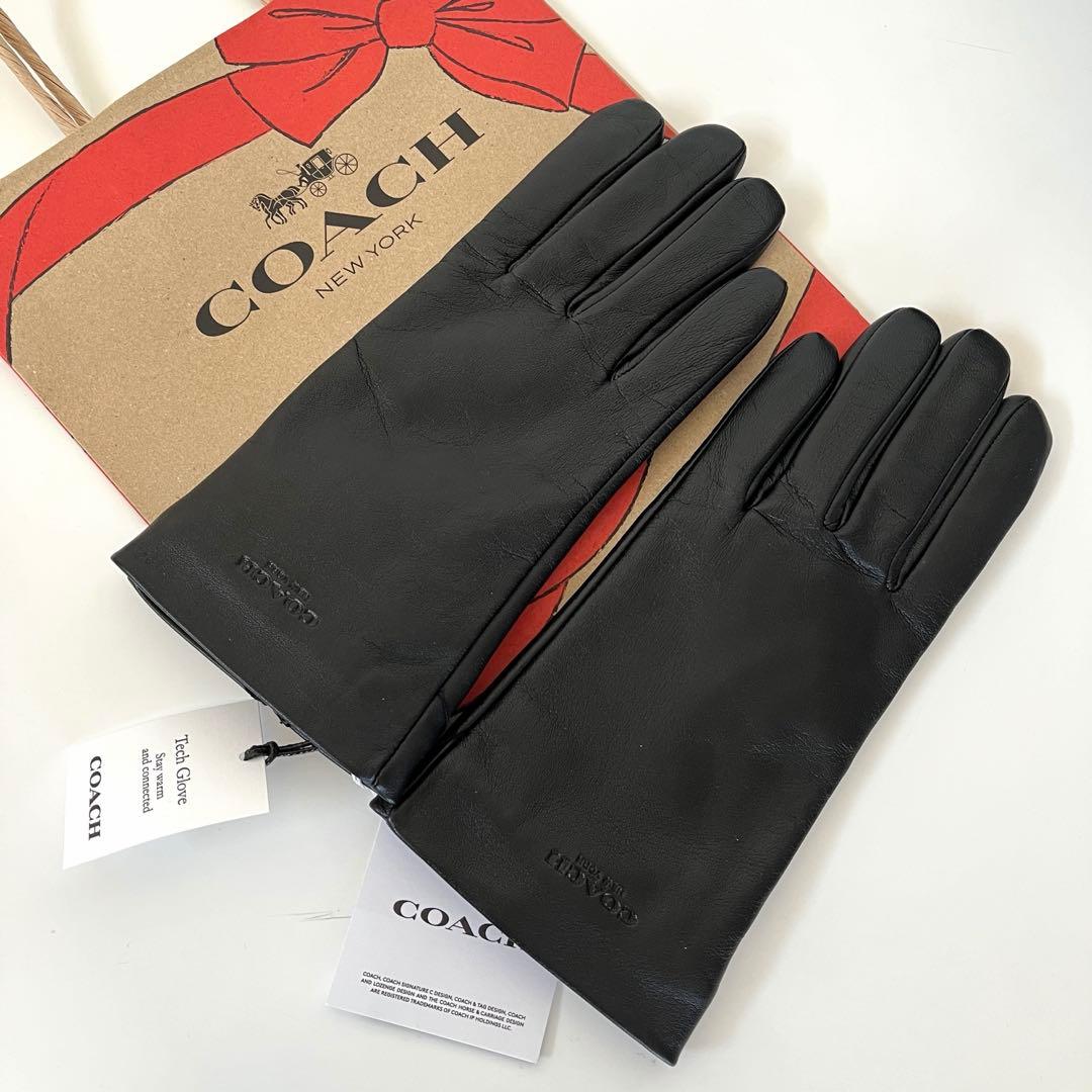 コーチ☆新品☆レザーテック スマホ対応 グローブ 手袋/ブラック 黒 S