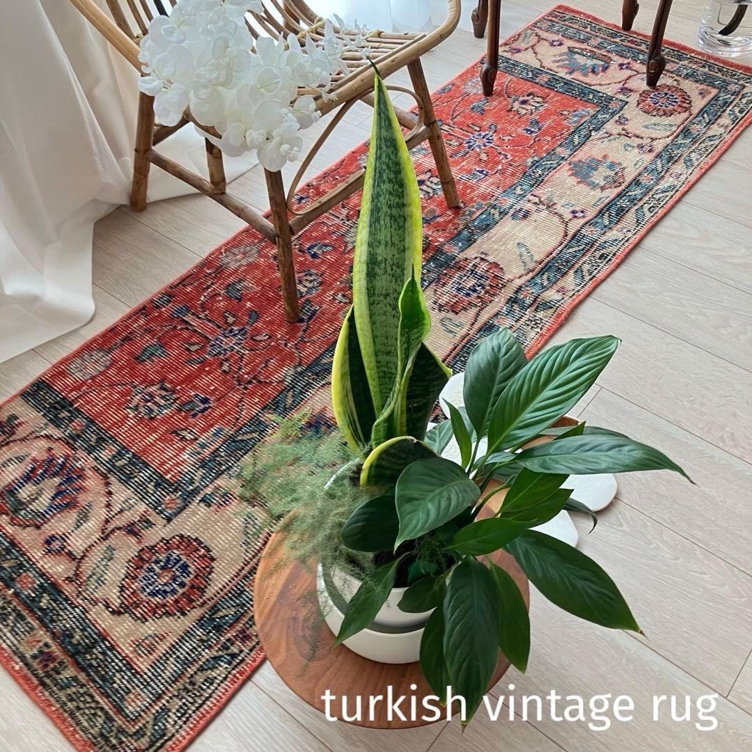 レッド53×163フローラル　ネイビー　ランナー　ロング　トルコヴィンテージラグ