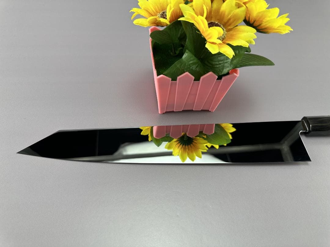 5632 完全ウルトラ鏡面 尺一 切付牛刀 スネークウッド黒水牛角二本銀巻八角柄