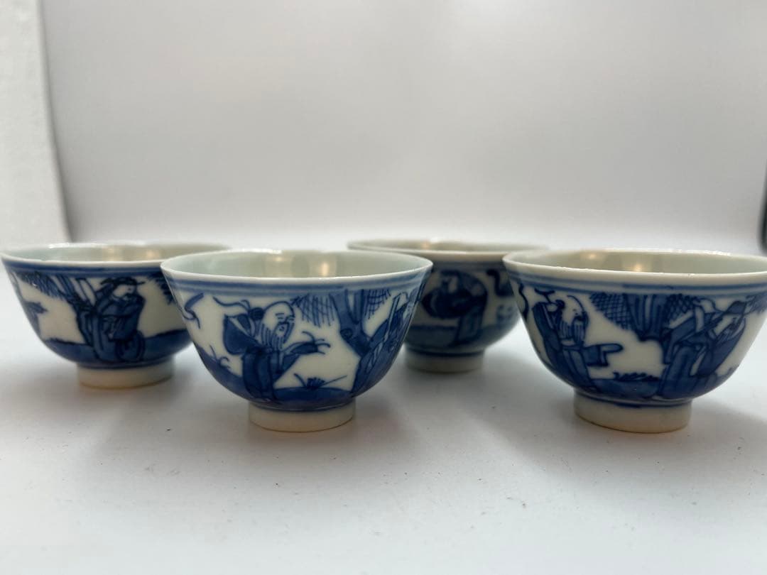 中国 清朝古染付 小振 煎茶碗 4客 唐物 玉露茶碗 茶器 茶道具 煎茶道具