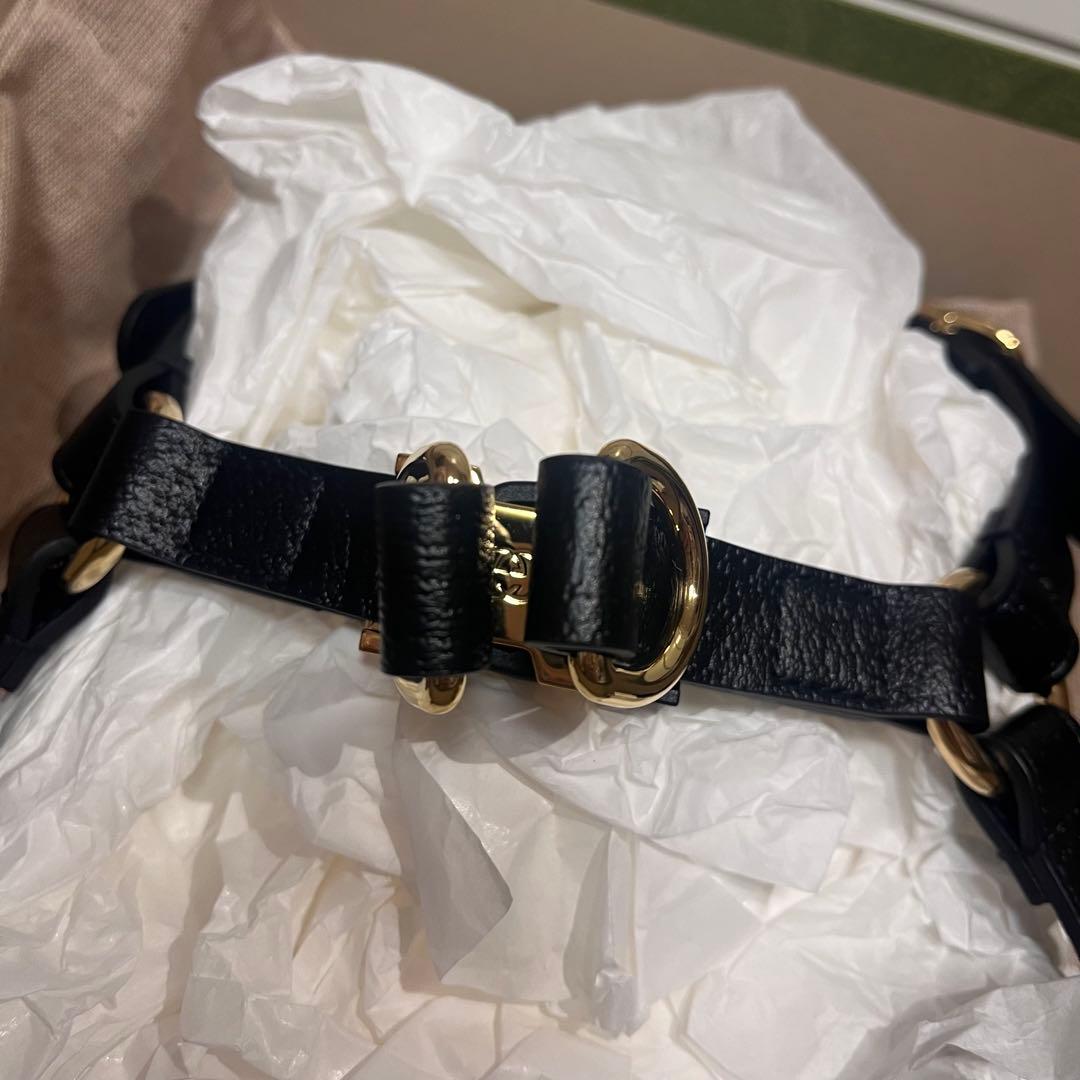【新品】GUCCI 犬 ハーネス ロゴ入り ペット ブラックレザー ゴールド