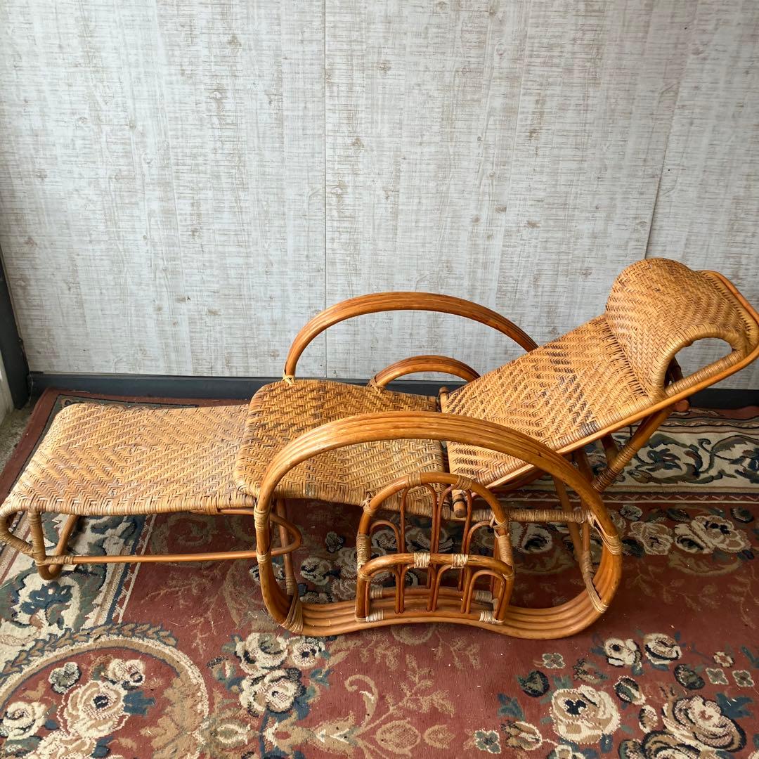 ビンテージ ラタンリクライニングチェア オットマン付き 籐家具 1人掛けソファー