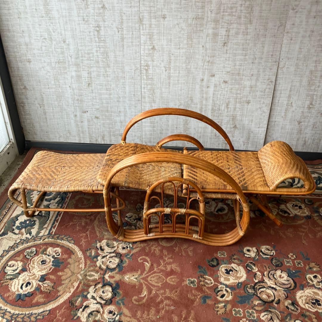 ビンテージ ラタンリクライニングチェア オットマン付き 籐家具 1人掛けソファー