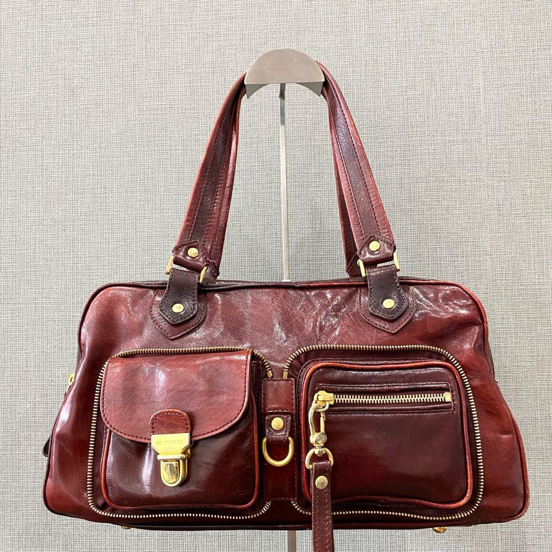 【ETRO】エトロ バーガンディ レザー ハンドバッグ
