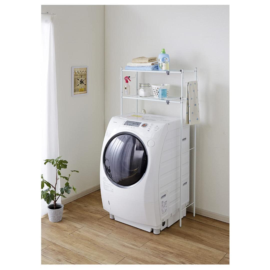 ☆ランドリーラック 棚2段 丸パイプ タオル掛け付き　ホワイト