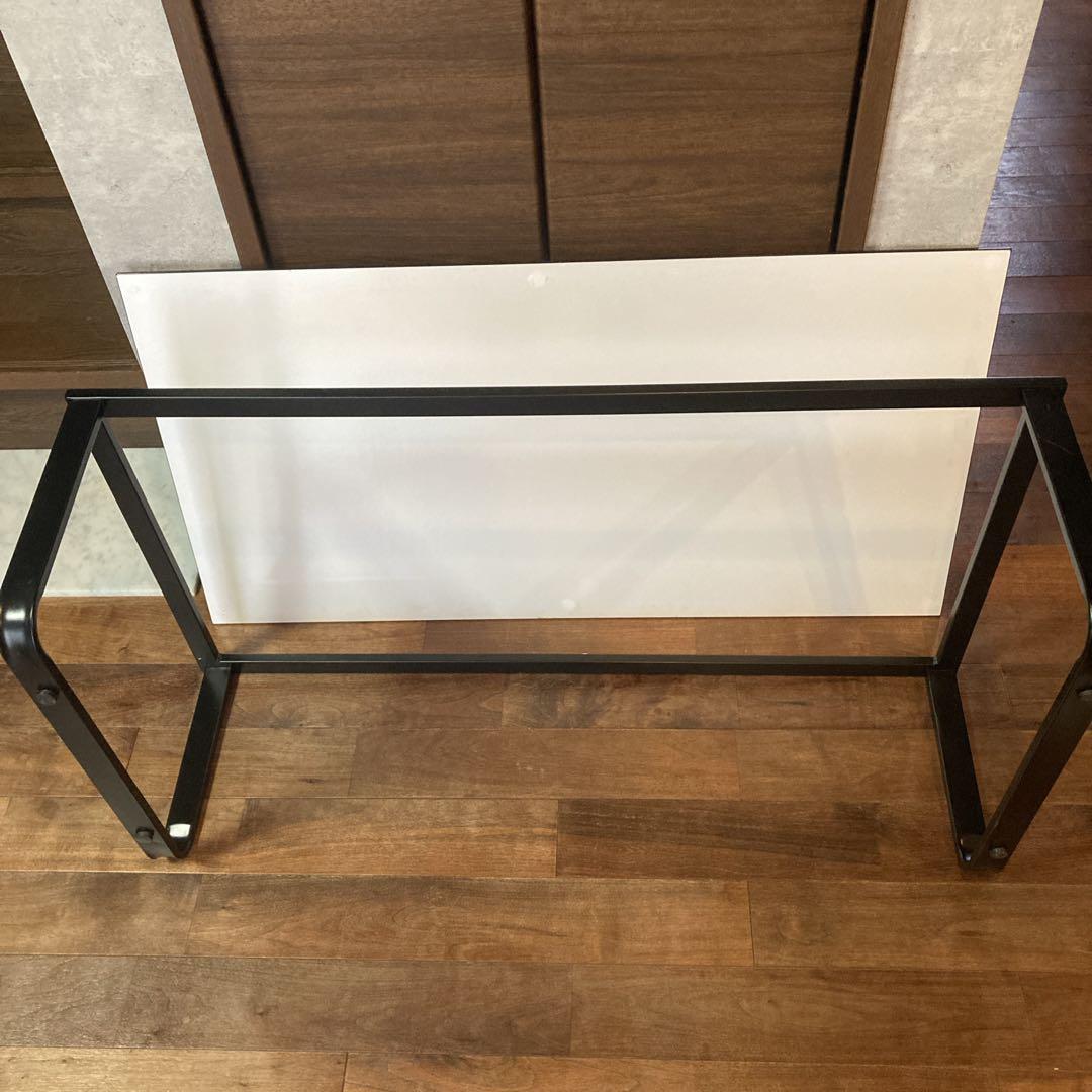 貴重✨️天板強化ガラス 青い木目調 黒い金属製フレーム モダン コーヒーテーブル