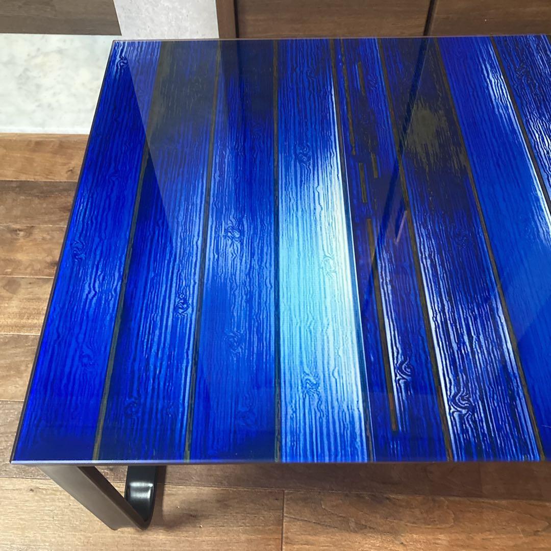 貴重✨️天板強化ガラス 青い木目調 黒い金属製フレーム モダン コーヒーテーブル