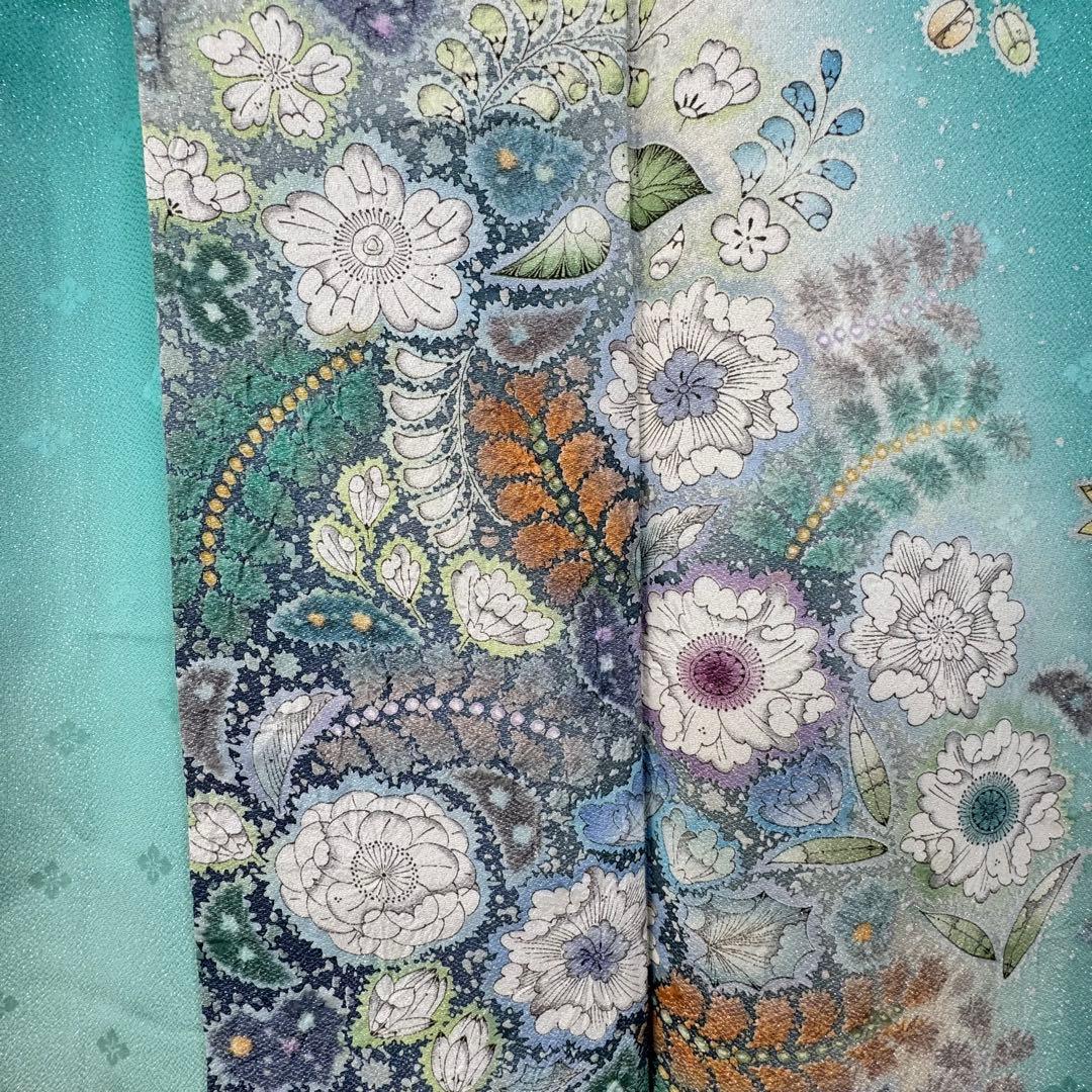 超美品　正絹　袷　広襟　訪問着　167裄66 エメラルド　吉野一廉　落款　辻ヶ花