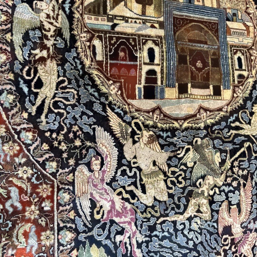 ペルシャ絨毯　宗教的建物細密刺繍ラグ 超美品2100 X1435mm