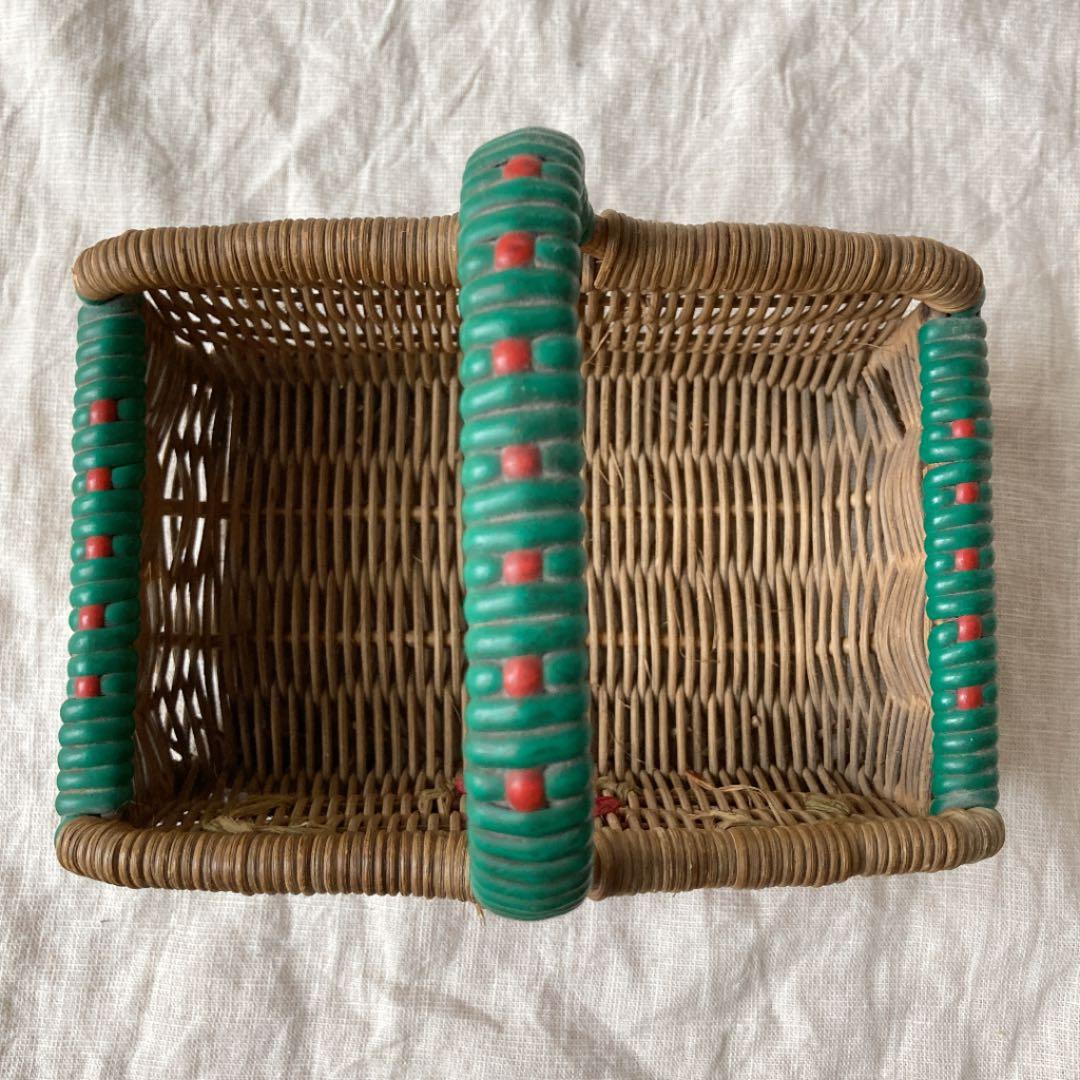 本物イギリスアンティークバスケット　レアミニ　花モチーフ