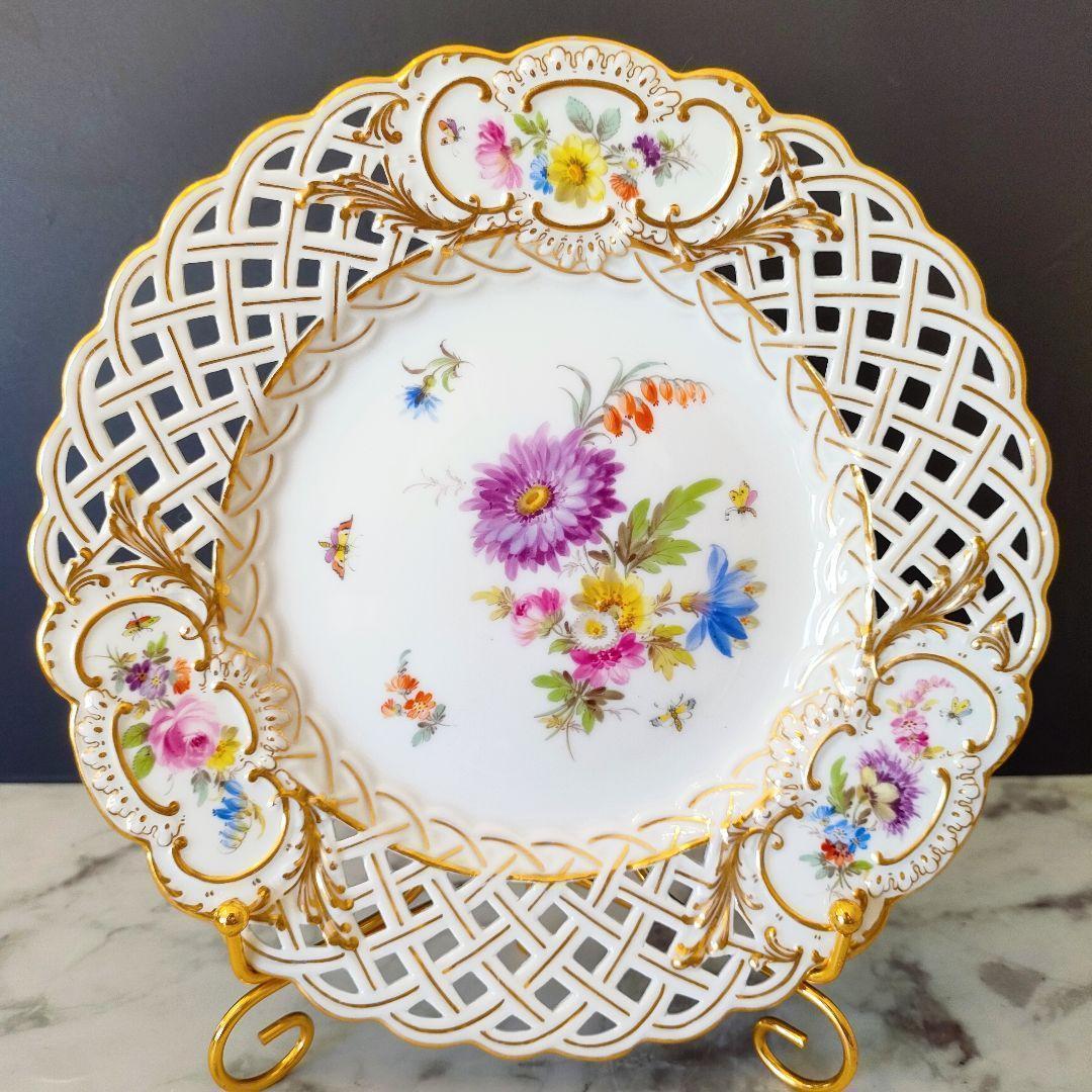 マイセン フワラーブーケ 金彩 昆虫 透かしプレート １級品 美品 ローズ小花③