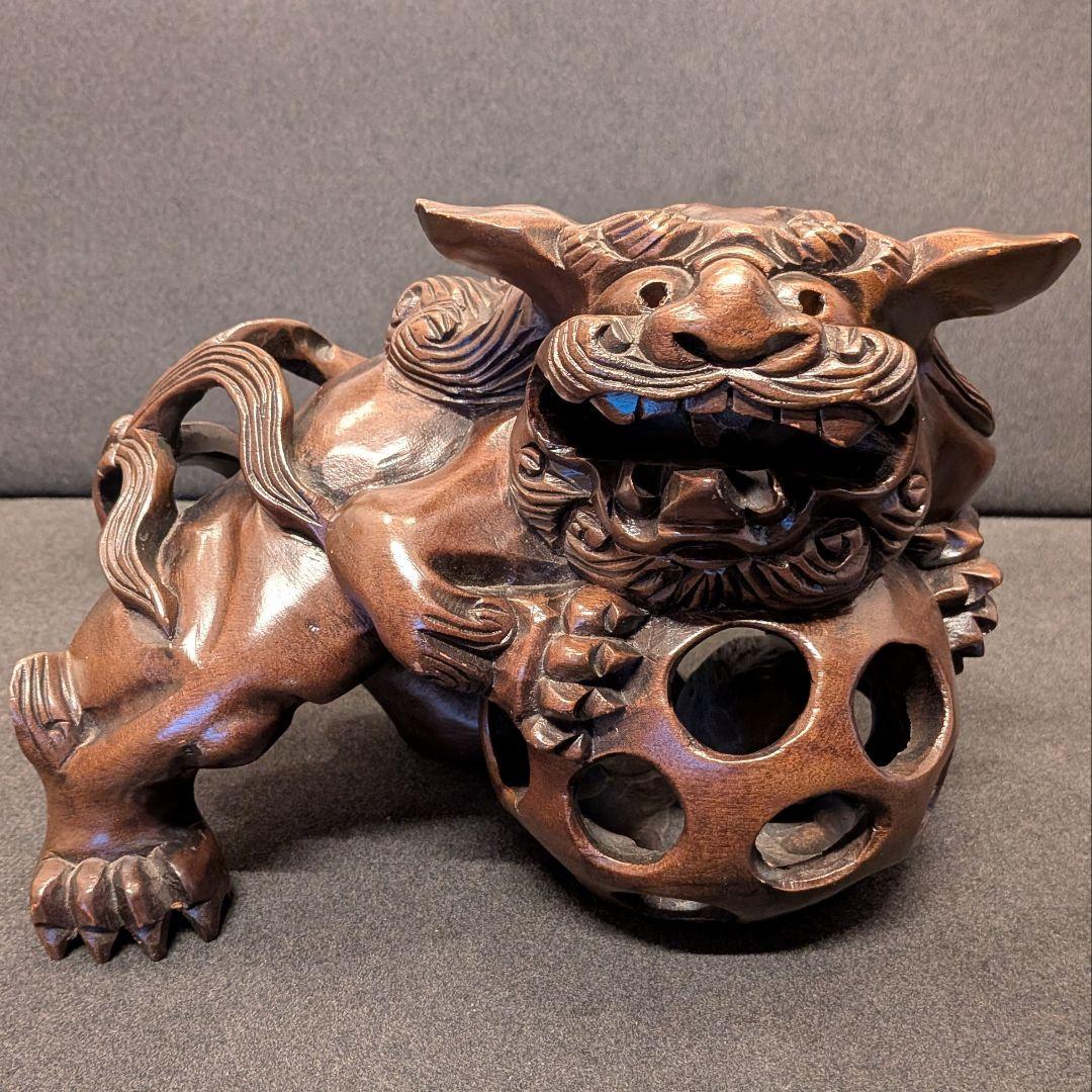 木彫 獅子 置物 一対｜唐獅子 透かし彫り 国際獅子会 敬贈 縁起物