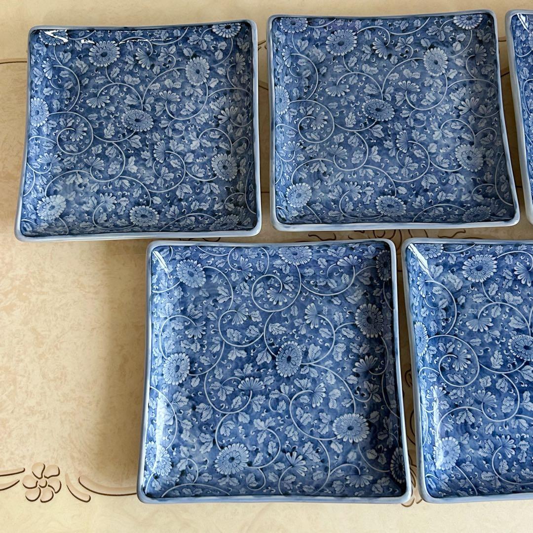 三洋陶器　龍峰窯　染付唐草　大皿　角皿　5枚セット　足付き　和食器　盛皿和皿中皿