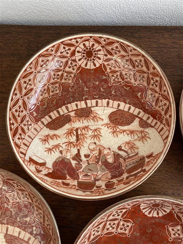 九谷焼　骨董　赤絵竹林賢人図中皿　7枚セット