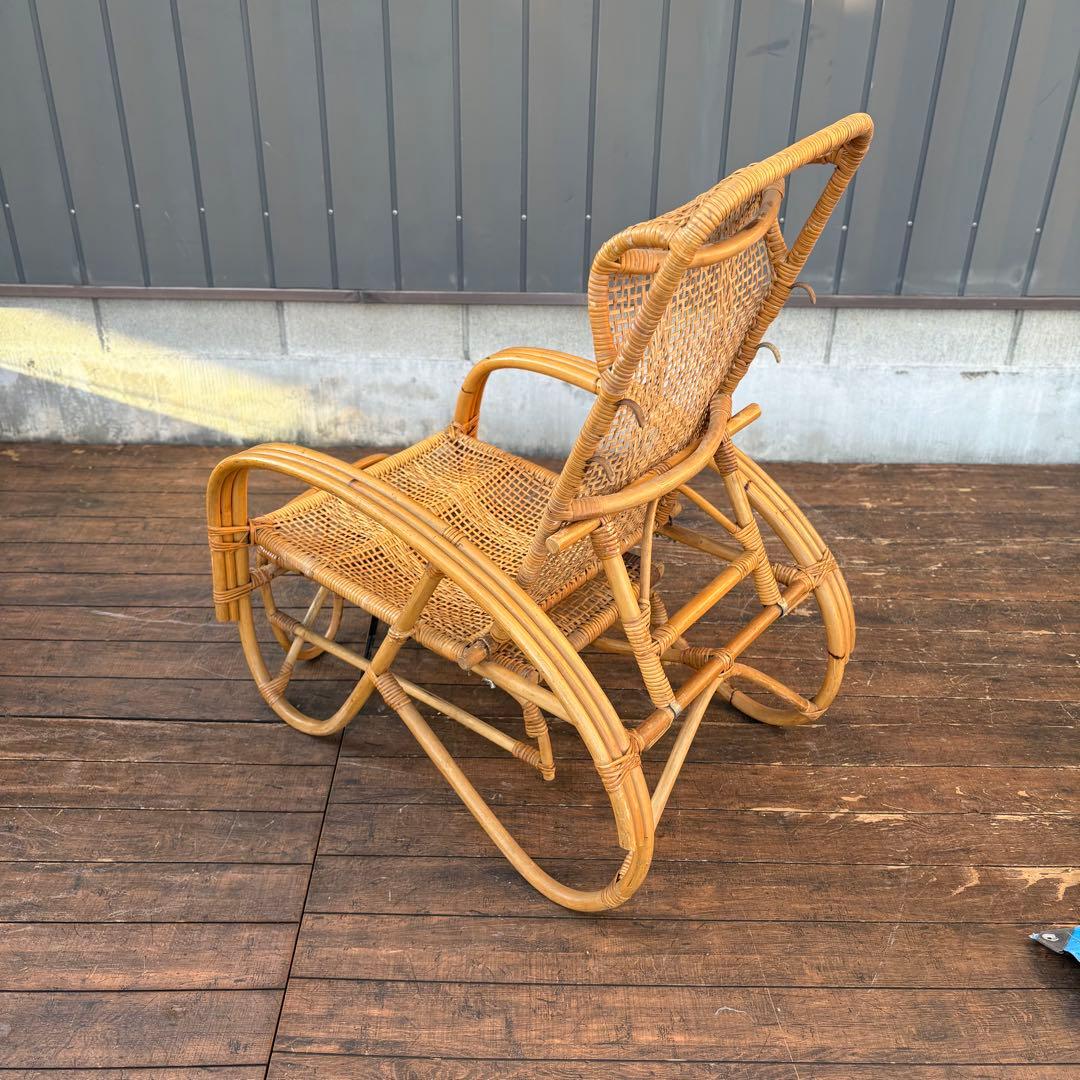 ①昭和レトロ ラタンリクライニングチェア オットマン付き 籐家具 1人掛けソファ