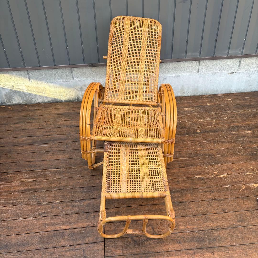 ①昭和レトロ ラタンリクライニングチェア オットマン付き 籐家具 1人掛けソファ