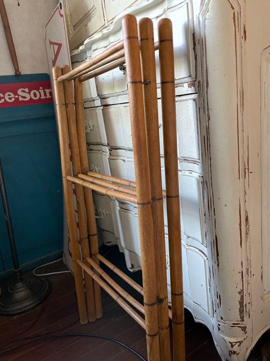 フランス　アンティーク　クロス　タオルバー　ラック　木製　折りたたみ　間仕切り