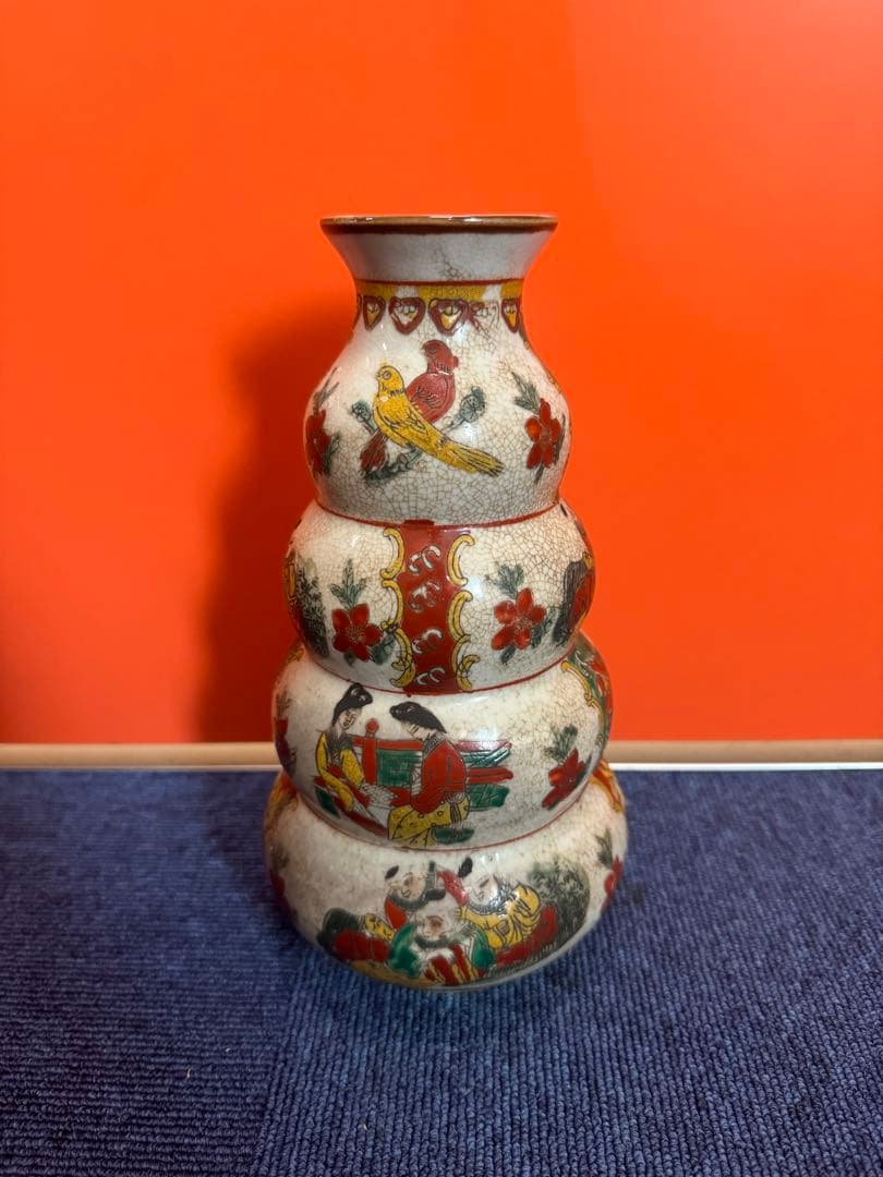 1597 中国骨董　瓢箪型色絵花鳥人物　花瓶