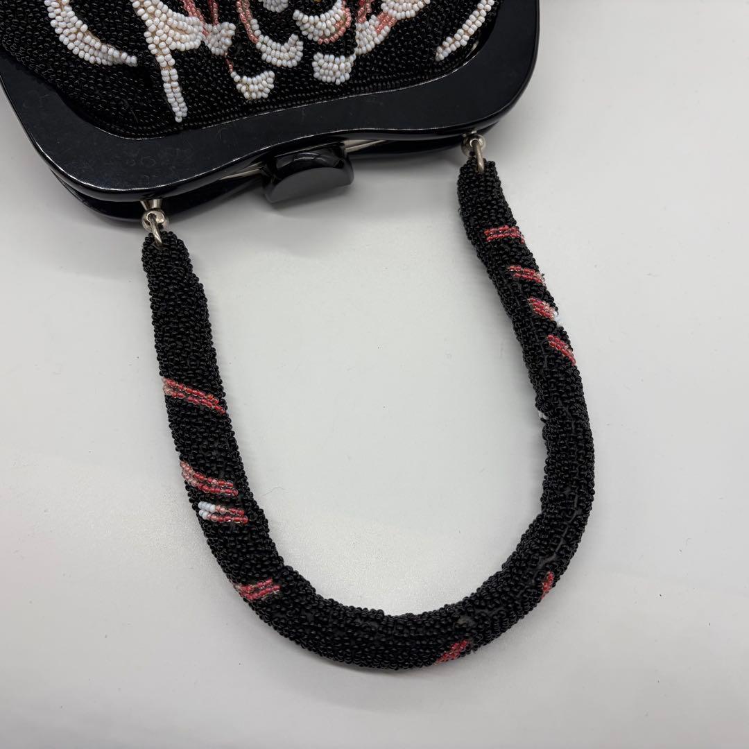 1570 総ビーズ ハンドバッグ 乱菊 黒地 昭和レトロ 和装小物 成人式