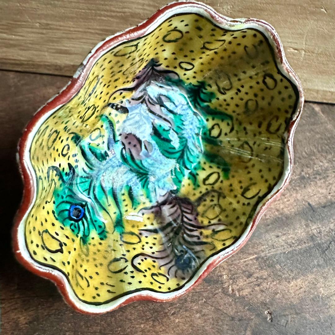 【希少】　古九谷　吉田屋窯　孔雀の羽　角福　豆鉢　五客　小皿　豆皿　再興九谷