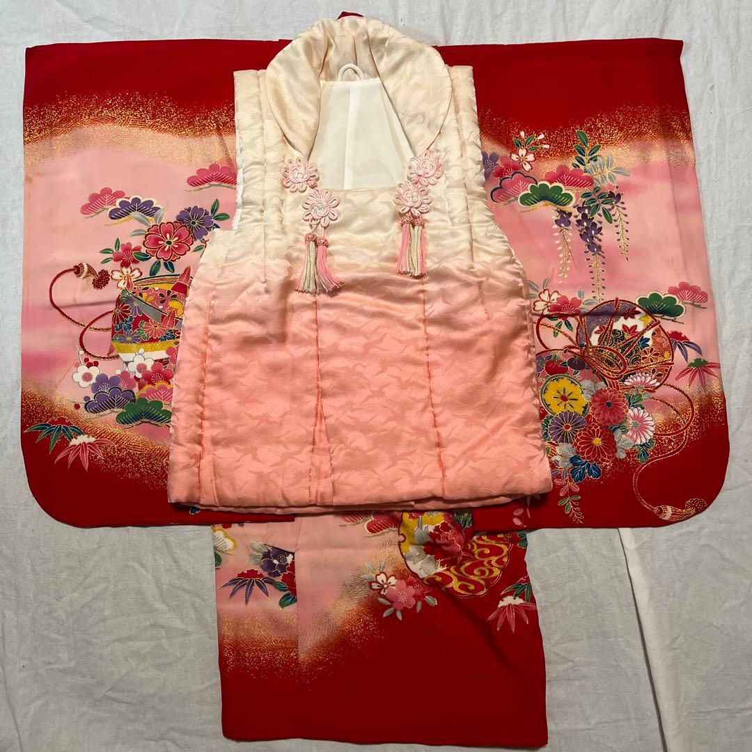 七五三　3歳　正絹　着物セット　赤　ピンク　アンティーク　被布