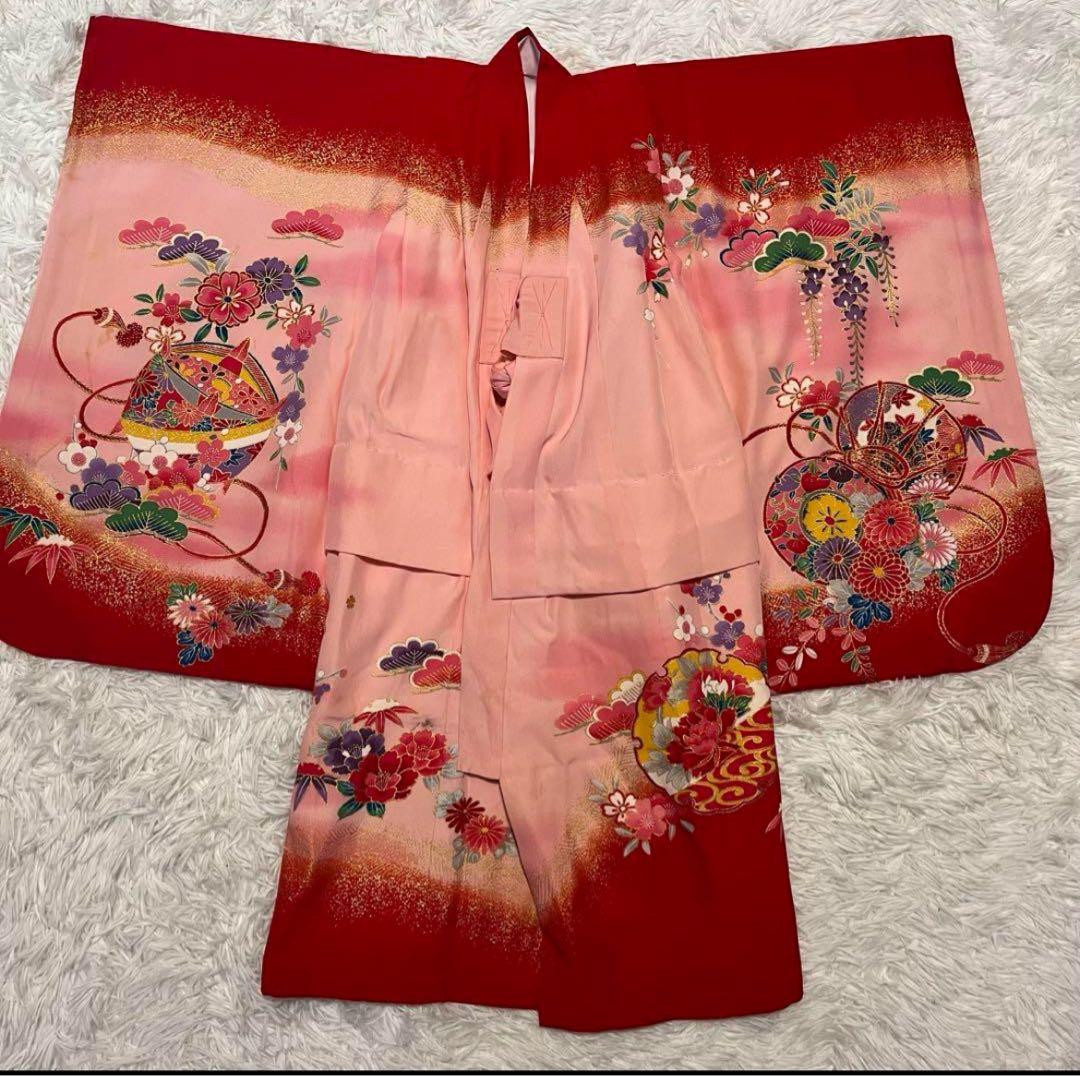 七五三　3歳　正絹　着物セット　赤　ピンク　アンティーク　被布