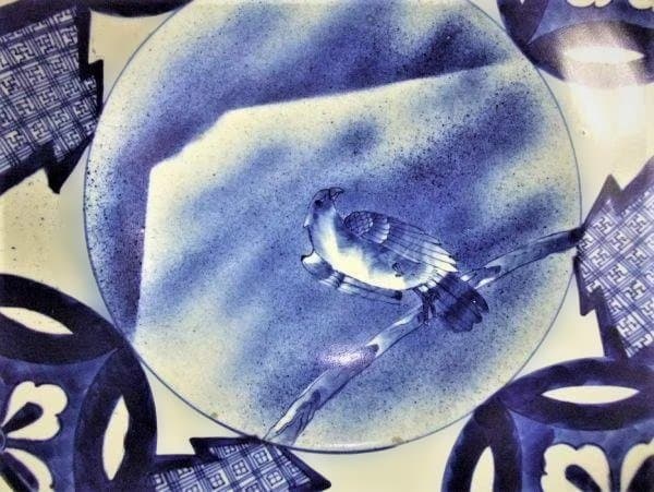 古伊万里 染付 富士に鷹 大皿 ベロ藍 40.5cm 骨董 古美術