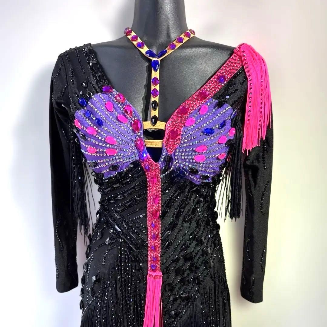 6317★ S 黒 ラインストーン フリンジ ラテンドレス 社交ダンス