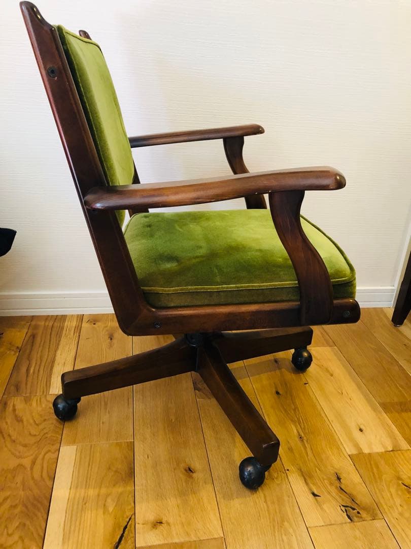 カリモク　ビンテージ　アンティーク　グリーンベルベット回転式デスクチェア