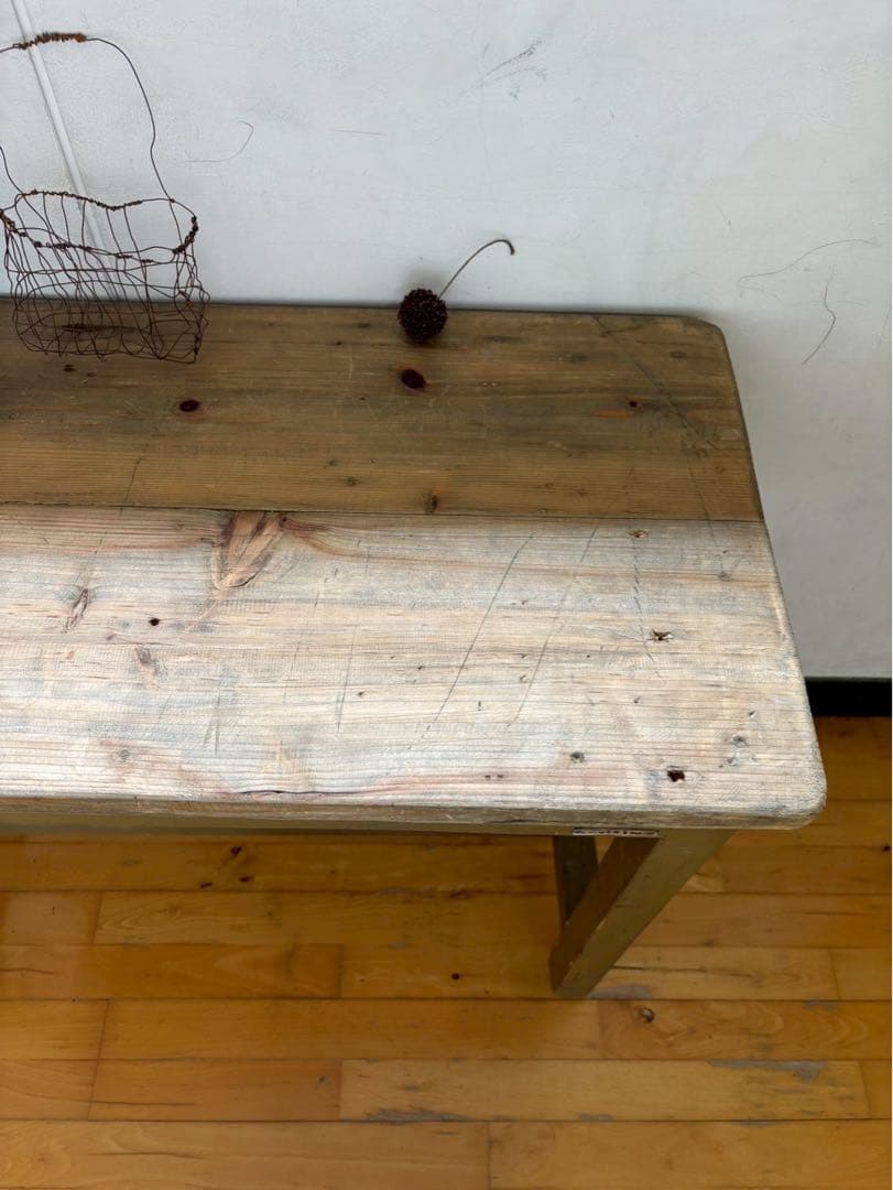 長机　ワークデスク　オリーブグリーン　アンティーク風にエージング加工