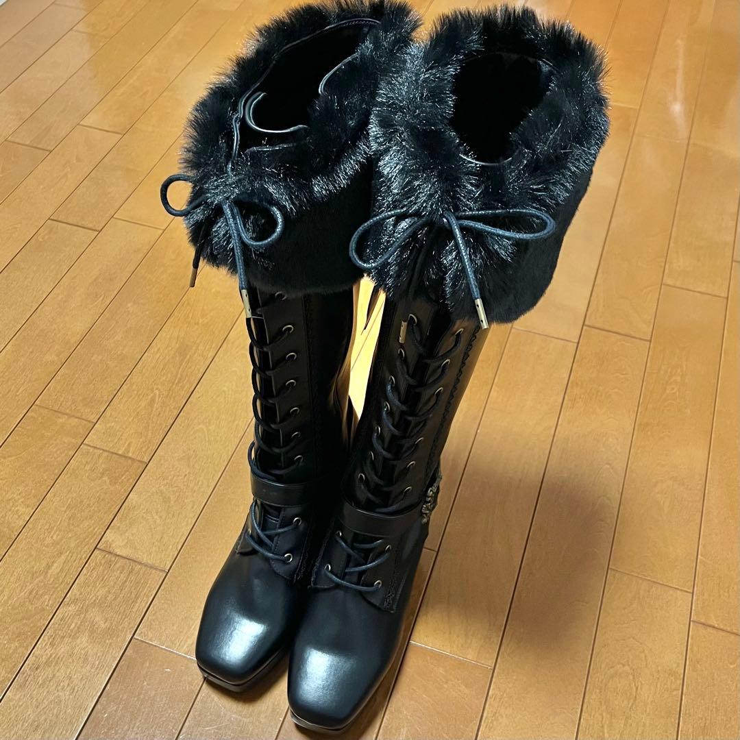 しまむら クラロリ くる実 レースアップ ロングブーツ ブラック LL