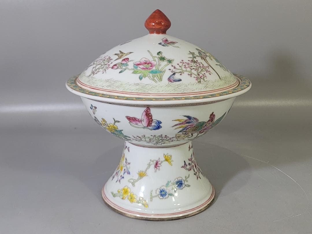 DT717 中国 色絵 蓋物 台付