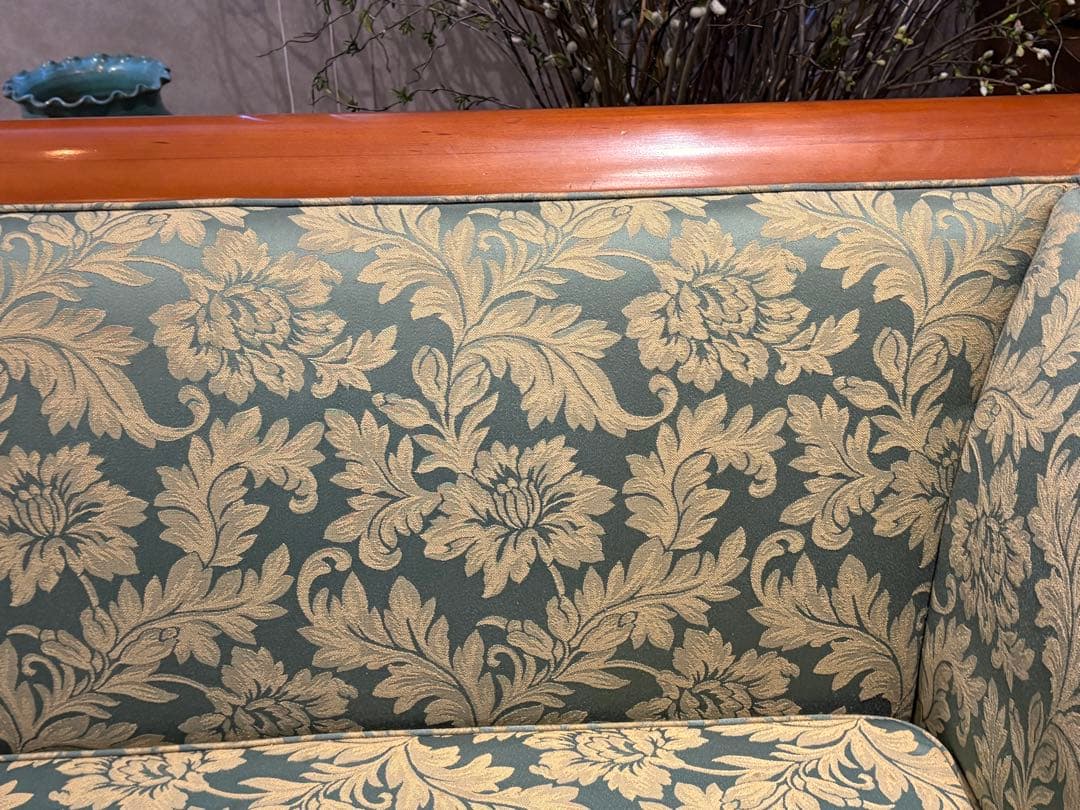 ②クラシック 3人掛けソファ 3Pソファ 花柄 グリーン ビンテージ nY