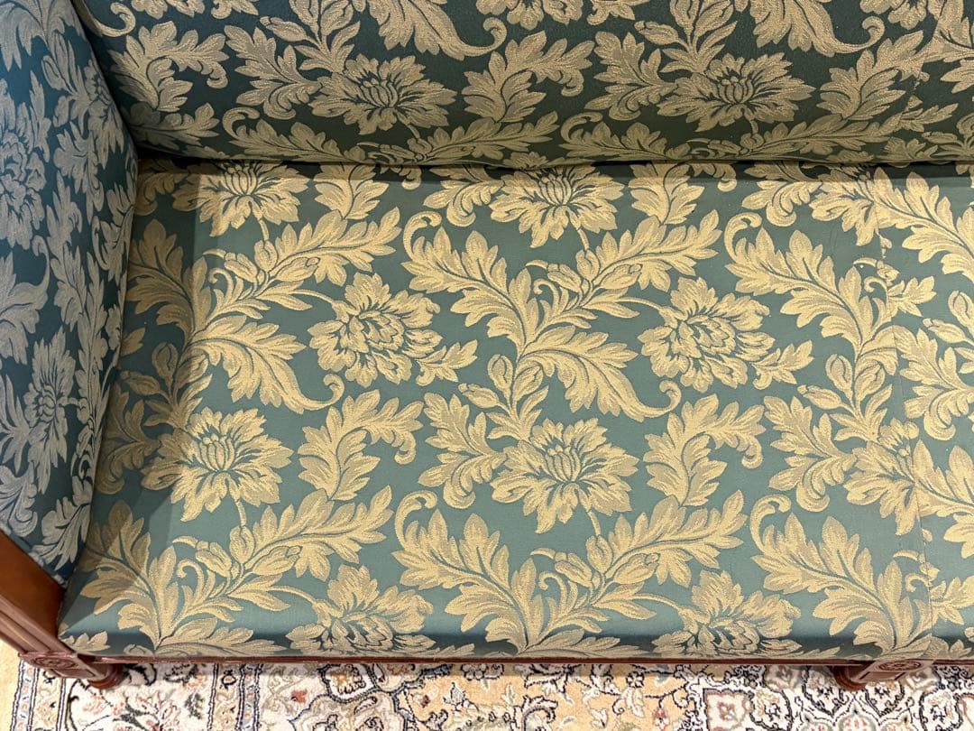 ②クラシック 3人掛けソファ 3Pソファ 花柄 グリーン ビンテージ nY