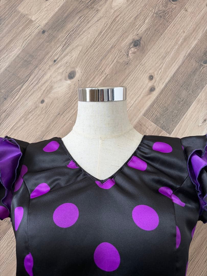 フラメンコ 衣装 フロッキー水玉模様 二重 大判フリル ワンピース ドレス