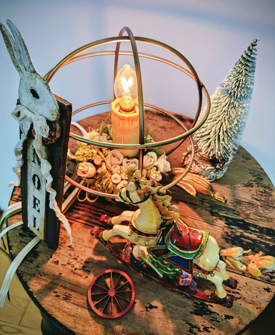 フランスアンティーク✨️キャンドル テーブルランプ　布花リース✩メタルシェード付