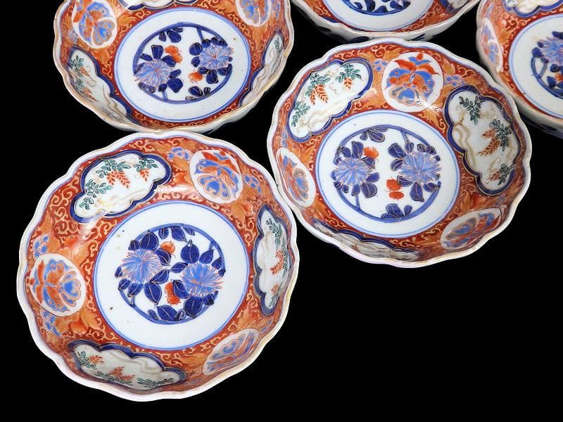 古伊万里　色絵 窓絵　藤に蝶　菊の図　膾皿　５客　C202AS-CWv