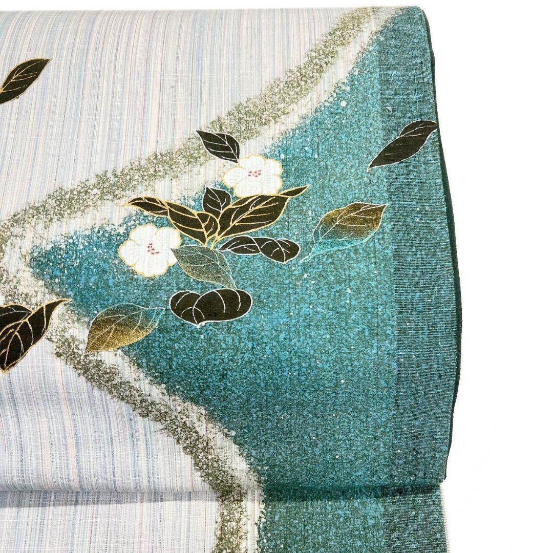 袋帯　作家もの　金彩　紬　桜花模様　縦縞　着物　114b p ms