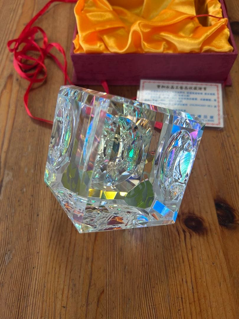 福禄寿クリスタルオブジェ　上海宝和水晶工芸　溶練水晶の置物　鑑定書付き