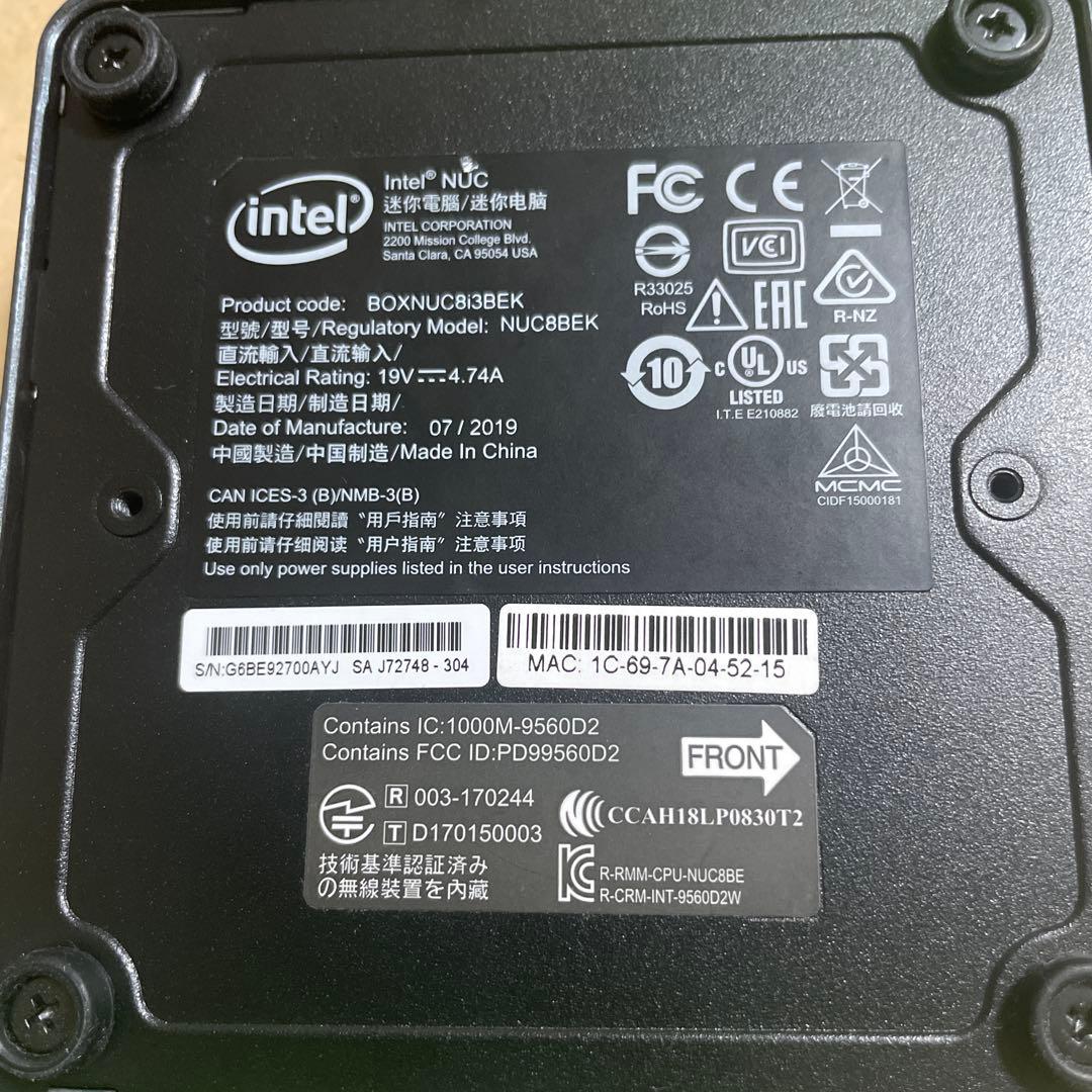 ミニPC NUC8i3BEK 16GB RAM SSD 512GB Win11pro