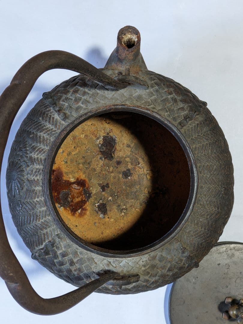 ♦希少！祥雲堂造 竹籠編み目紋鉄瓶 自在摘み銅蓋 アンティーク骨董品コレクション