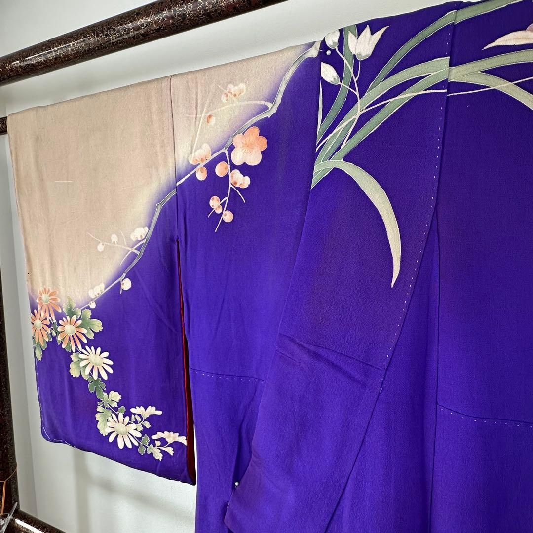 アンティーク　袷　絹　着物　訪問着　青紫　紫　168 トールサイズ