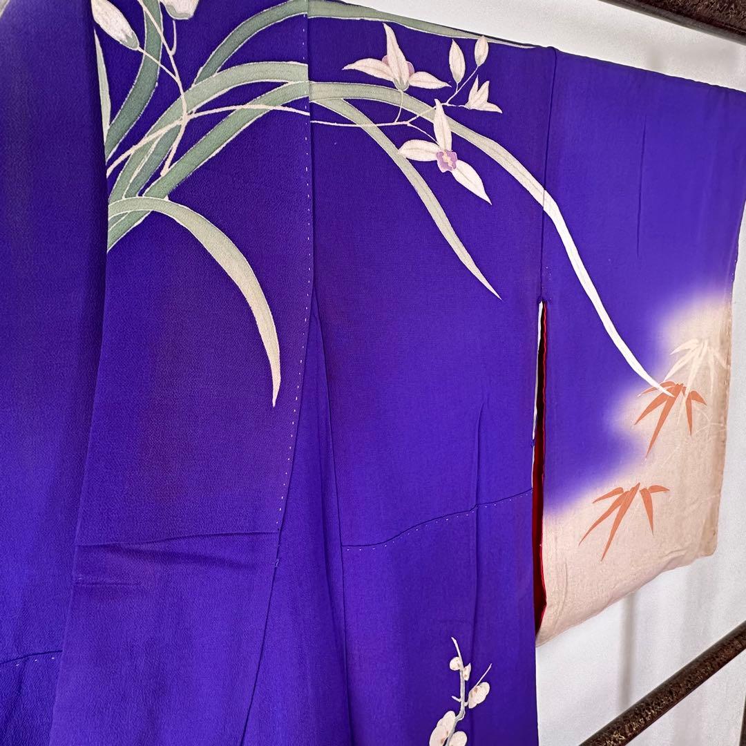 アンティーク　袷　絹　着物　訪問着　青紫　紫　168 トールサイズ